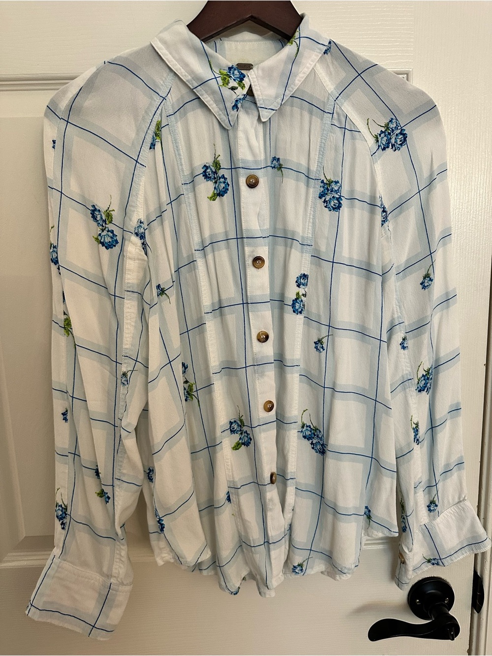 Free People White Button-Down Shirt with Blue Windowpane and Floral Print